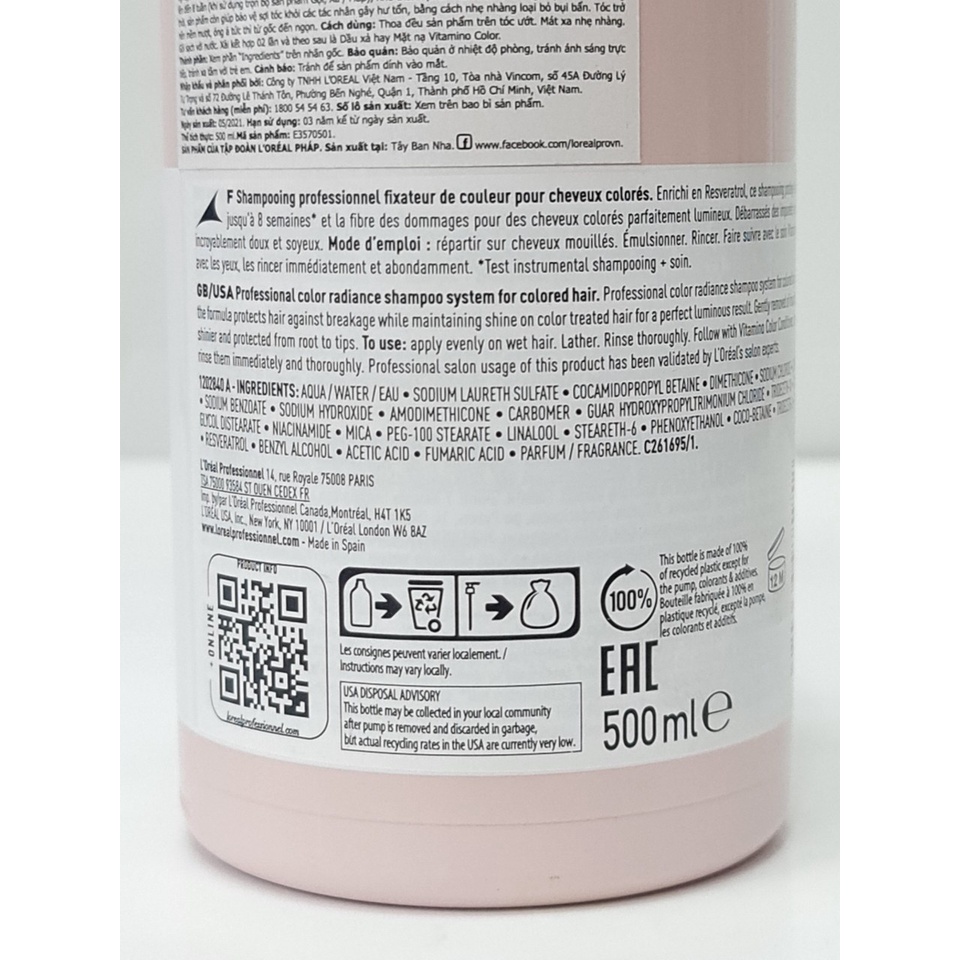 Dầu Gội Giữ Màu Tóc Nhuộm LOreal Professionne Serie Expert Vitamino Resveratrol 500ml