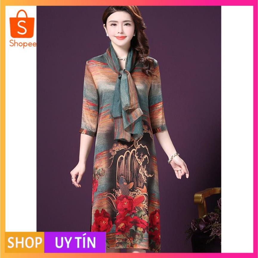 - ĐẦM SUÔNG BIG SIZE TRUNG NIÊN, ĐẦM SUÔNG TRUNG NIÊN IN HỌA TIẾT CÓ KHẮN QUÀNG - ĐẦM TRUNG NIÊN