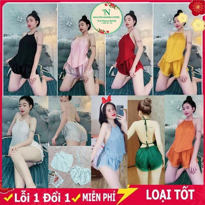 Đồ Ngủ Sexy, Set Yếm Dập Ly Hở Lưng Gợi Cảm, Vải Phi Lụa Mềm Mại, Freesize Dưới 58kg