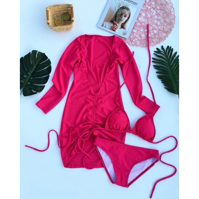 [ HÀNG CAO CẤP+ NHIỀU MÀU] Bikini tam giác phối khoác tay dài dây rút sexy
