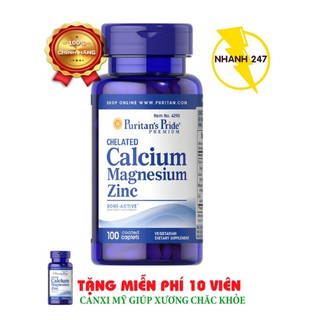 Viên uống cải thiện chiều cao, hỗ trợ xương Puritan's Pride Chelated Calcium, Magnesium & Zinc 100 viên HSD tháng 1/2020