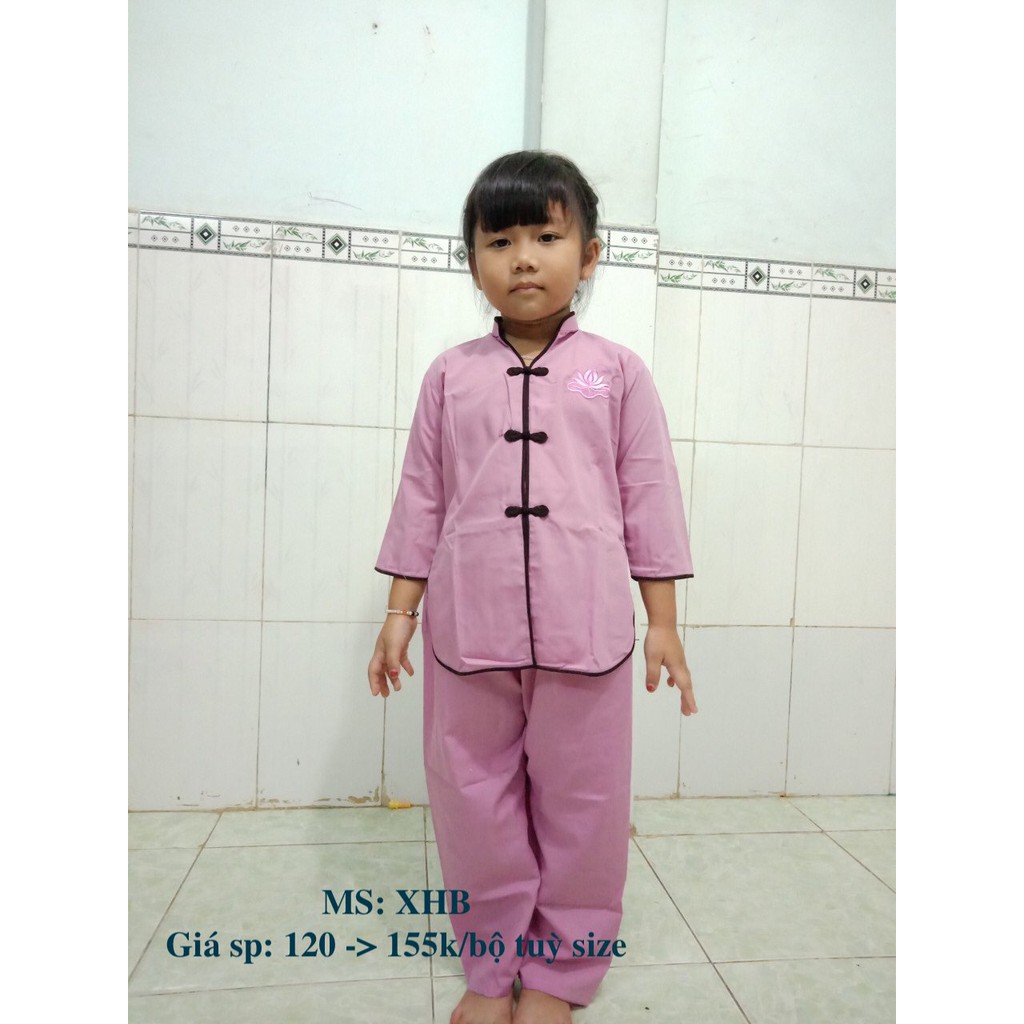 bộ quần áo Phật tử bé gái - áo lam đi chùa cho bé cổ tàu thêu sen