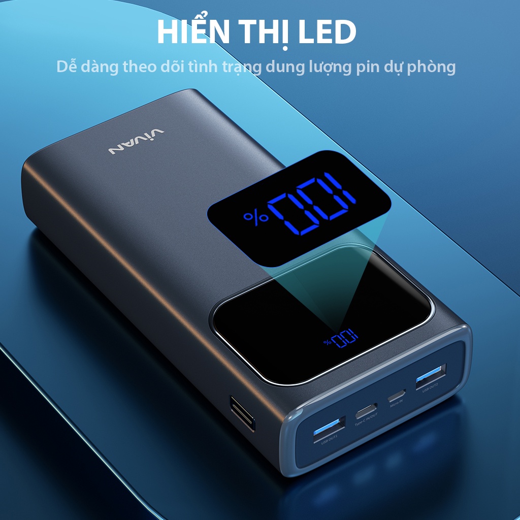 Pin dự phòng sạc nhanh VIVAN VPB-C20 Xanh 20000mAh Hiển thị đèn LED PD+QC3.0 22.5W- bảo hành 12 tháng