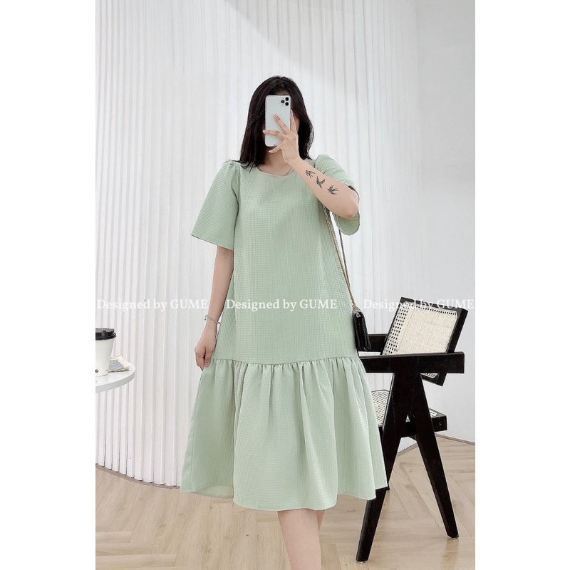 Váy bầu thu đông dáng maxi, đuôi cá basic vải xốp ô vuông, 3 màu hồng, xanh, tím, thương hiệu GuMe GM040