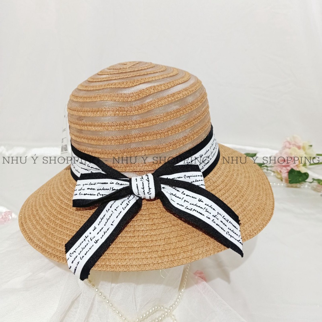 Nón cói,mũ cói nữ đi biển vành nhỏ phối lưới nơ viền sọc in chữ tiểu thư sang chảnh-q12m viền sọc chữ