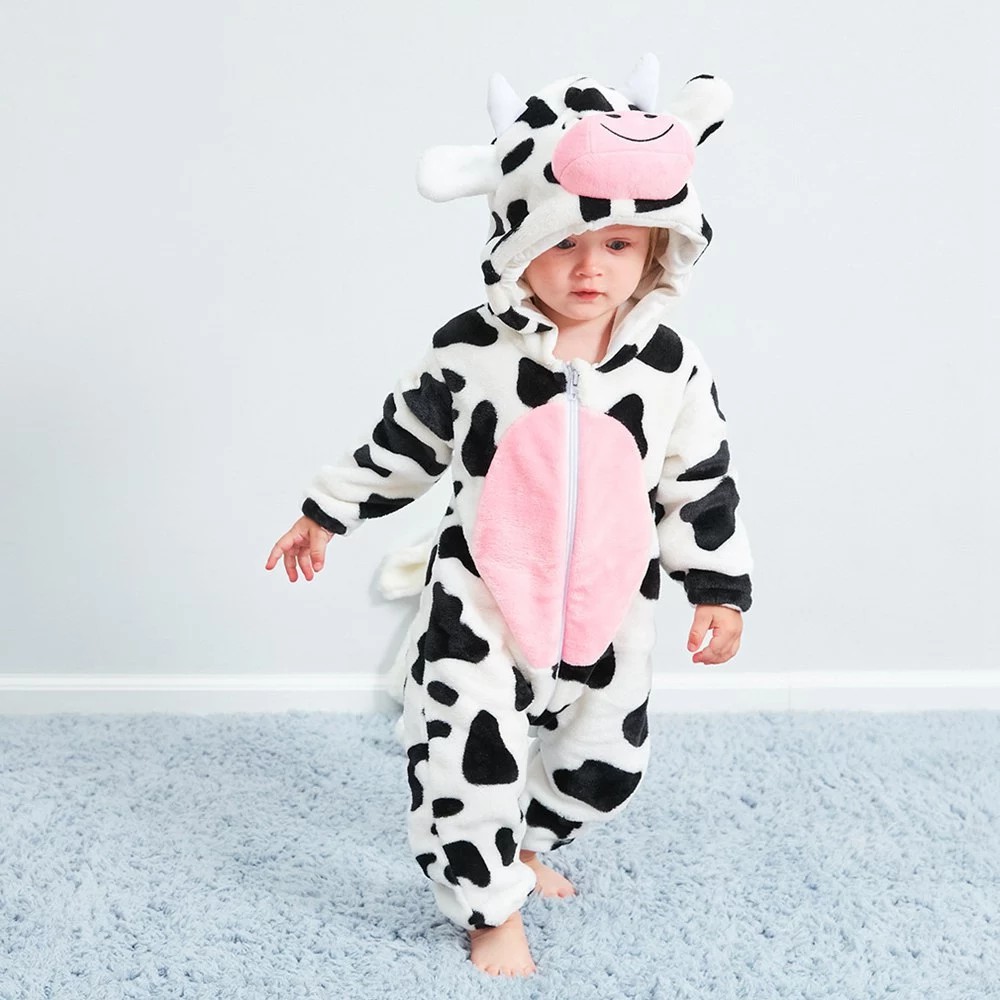 Bộ đồ ngủ áo liền quần hình chú bò phong cách hoạt hình dễ thương cho bé sơ sinh 0-36 tháng tuổi