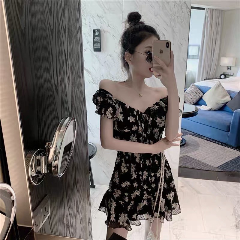 Order🎀Váy ulzzang ngắn ôm body trễ vai voan tơ hoạ tiết hoa lá đuôi cá