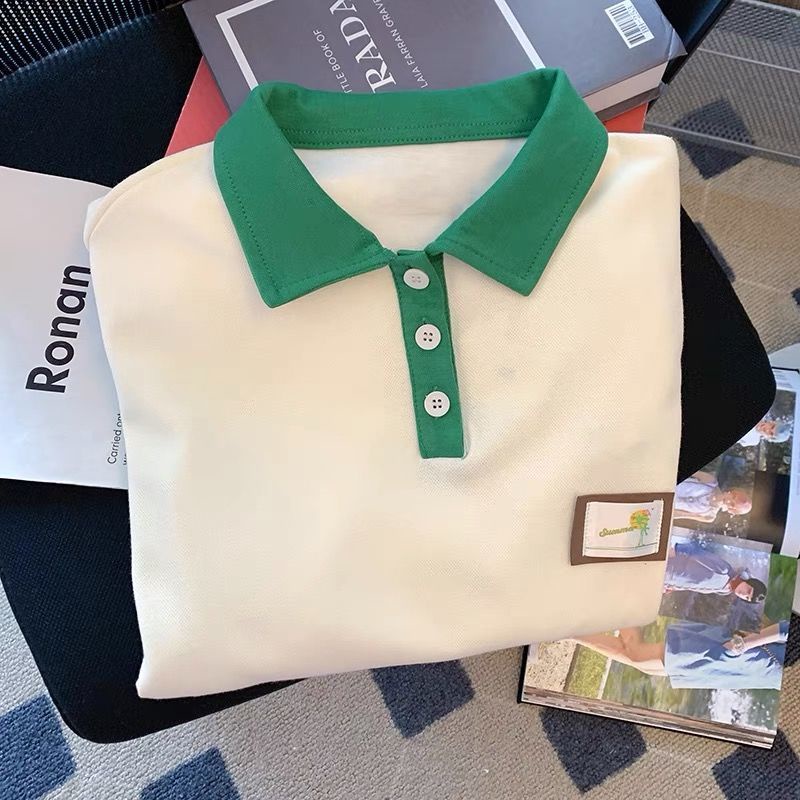Áo polo Tay Ngắn Màu Sắc Tương Phản Chất Liệu Cotton Thoáng Khí Dành Cho Nữ
