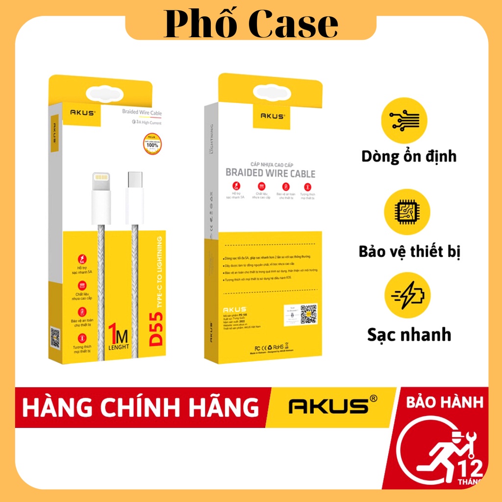 Dây cáp sạc nhanh PD 20W dây dù chống đứt Hãng AKUS - Bảo hành 12 tháng