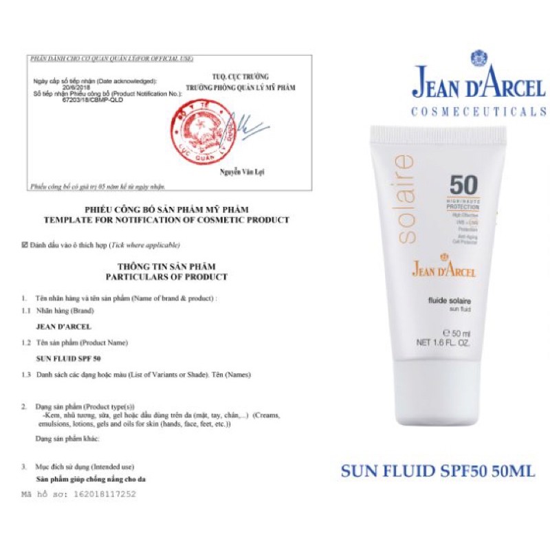 [CHÍNH HÃNG PHÒNG KHÁM DA]Kem chống nắng sáng da SPF50 Jean D’Arcel Sun Fluid Solaire jean d arcel