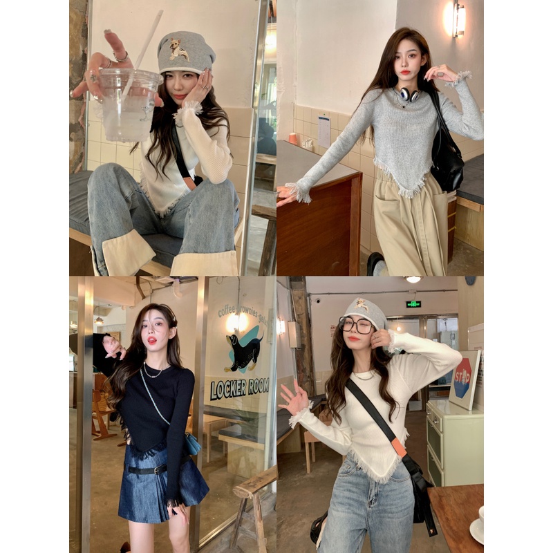 Porozi  Áo sweater dệt kim  tay dài màu đen phong cách Hàn Quốc thời trang cho nữ