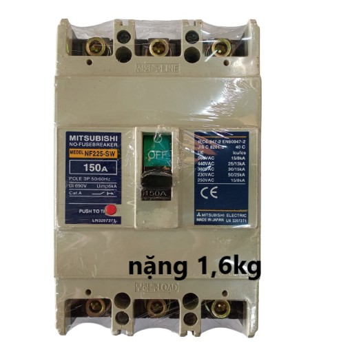 Aptomat Mitsubishi 3 pha 150A, 200A, 250A/ CB 3 pha 150A,200A, 250A kích thước 16X10X6cm nặng 1,6kg