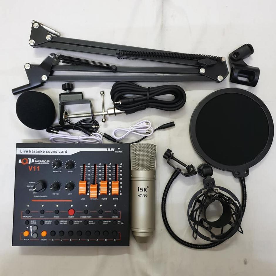 combo bộ mic thu âm hát livestream karaoke micro ISK AT100 card V11 chân kẹp màng lọc âm bảo hành 6 tháng