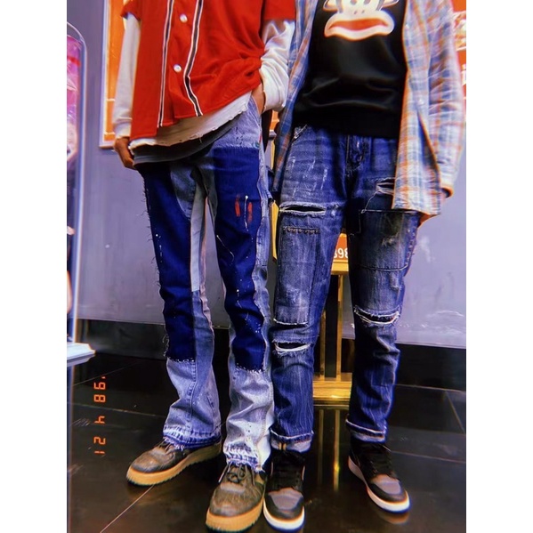 Quần bò jeans ống rộng vảy sơn phối màu đậm nhạt tua rua hiphop Ulzzang siêu chất ❤️