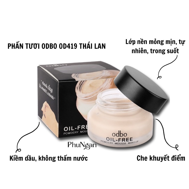 (Auth Thái)Phấn tươi/Kem nền che khuyết điểm Odbo Oil Free Powdery Mousse Makeup Thái Lan kiềm dầu. chống nước