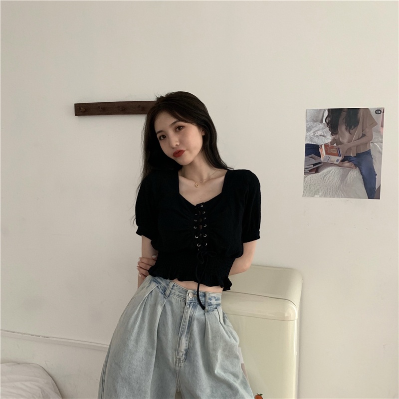 SUXI Áo Sơ Mi Tay Ngắn Cổ Vuông Màu Sắc Đơn Giản Thời Trang Mùa Hè Xinh Xắn Cho Nữ