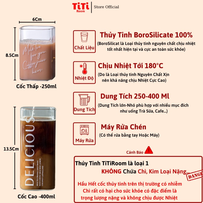 Ly thủy tinh vuông chịu nhiệt 400ml Cốc thủy tinh uống sinh tố sang chảnh cao cấp phong cách Vintage dễ thương