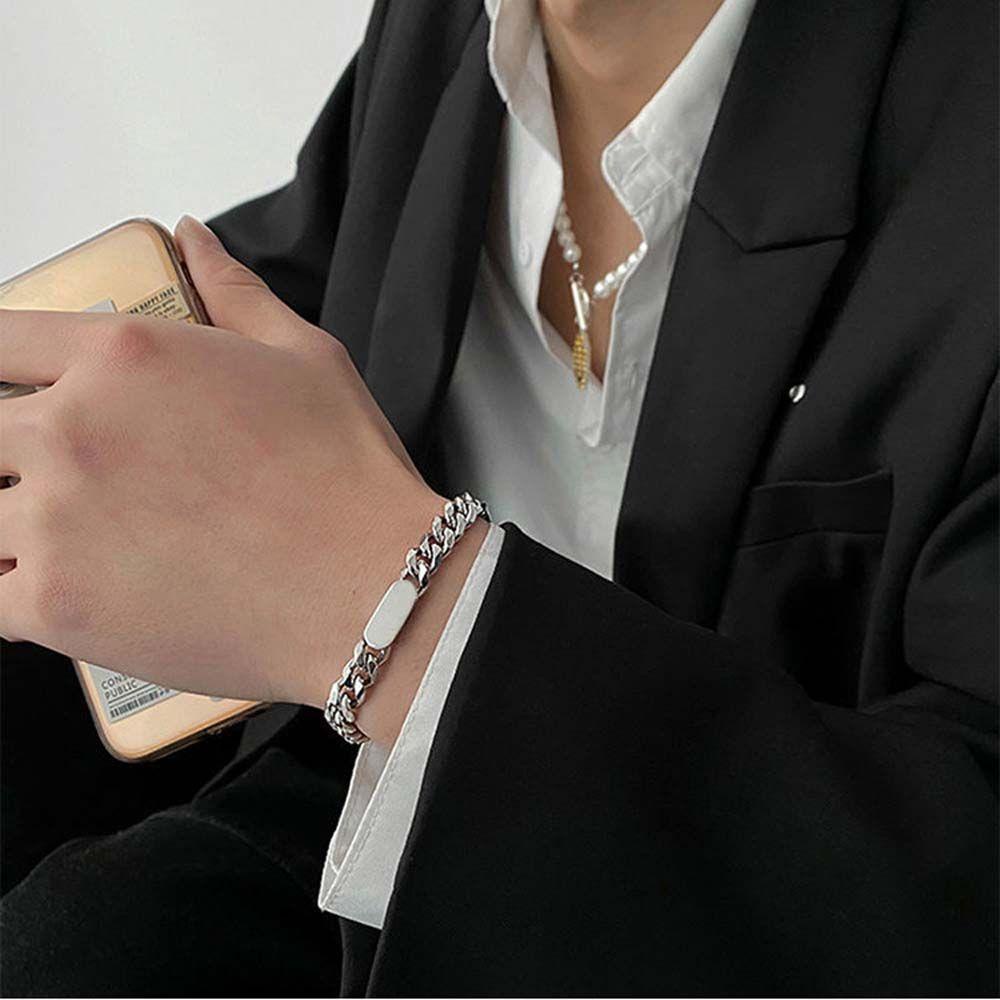 Vòng Tay Nam Dây Da Mặt Oval Phong Cách Hip Hop|Dây Chuyền Kim Loại Nhiều Màu Sắc Phong Cách Hàn Quốc