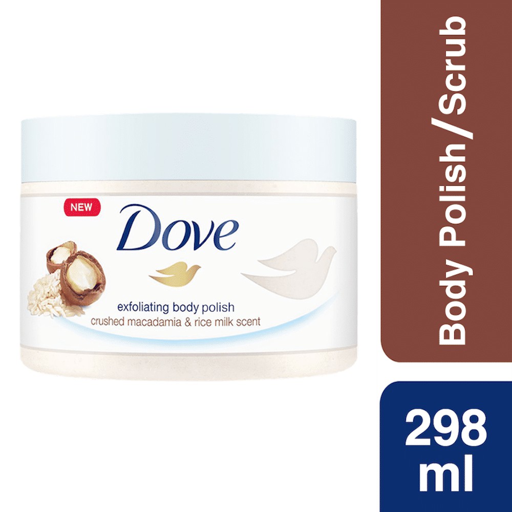 Kem tẩy tế bào chết Dove Body Polish Crushed Macadamia and Rice Milk (Hạt Macca & Gạo Sữa) - Canada