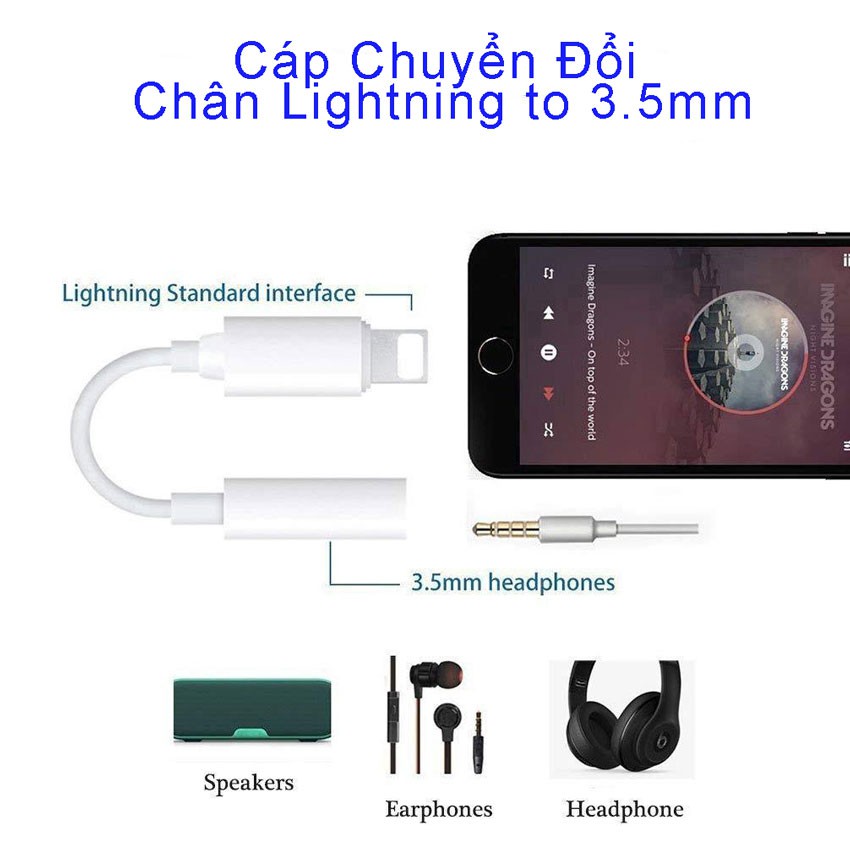 Cáp Chuyển Đổi iPhone Lightning Sang 3.5mm Jack Chuyển Đổi Chân Sạc Thành Chân Tai Nghe 3.5mm kết nối bluetooth (1 Cổng)