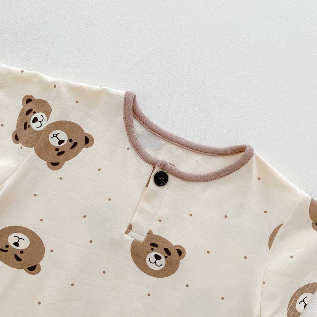 Bộ Bodysuit Một Mảnh Tay Ngắn Hình Gấu Dễ Thương + Nón Cho Bé Sơ Sinh