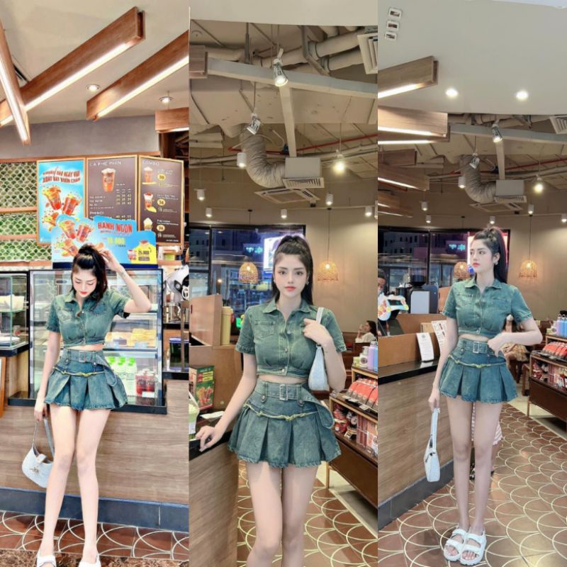 Set Bò Nữ Ms.1712 Áo Sơ Mi Bò Dáng Crotop Phối Chân Váy Bò Kèm Đai Xếp Ly Bản To Hàng QC Loại 1 Kèm Hình Thật Trải Sàn