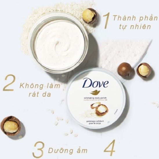 Tẩy da chết Dove Exfoliating Body Polish bản Đức/Mỹ, tẩy tế bào chết toàn thân Dove