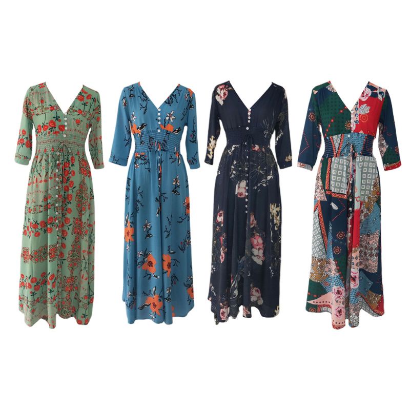 Đầm Maxi Tay Lỡ 3 / 4 Cổ Chữ V Họa Tiết Hoa Phong Cách Bohemian