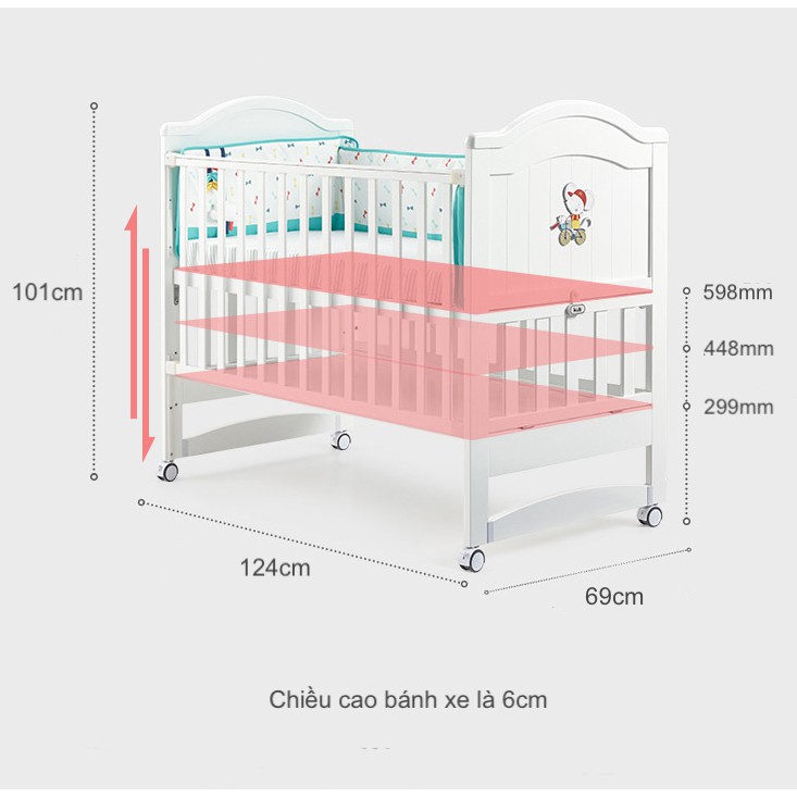 Giường Cũi Gỗ Trắng Đa Năng Cho Bé KUB - Điều Chỉnh Độ Cao - Mở Được 1 Bên