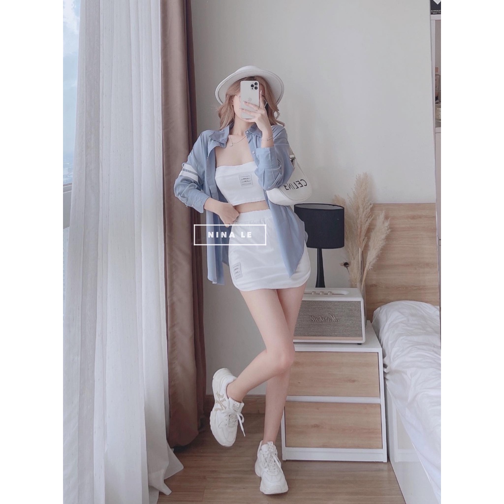 Sét bộ nữ 3 món áo sơ quốc dân phối croptop borip xinh xắn, trẻ trung đi chơi, đi biển