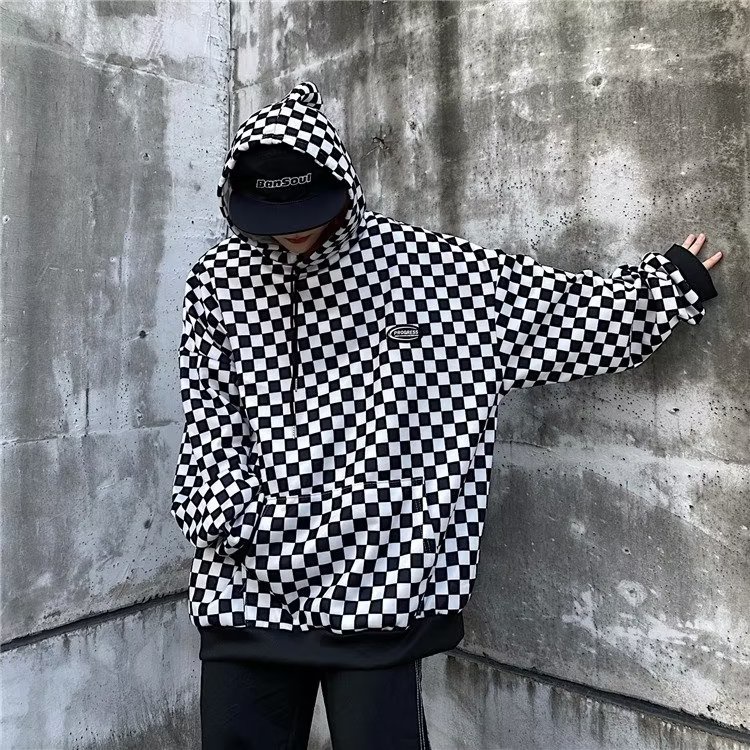 Áo hoodie bàn cờ tay dài dáng rộng lưới đen trắng họa tiết phong cách hàn quốc thời trang cho nam nữ thời trang áo pull bigsize unisex