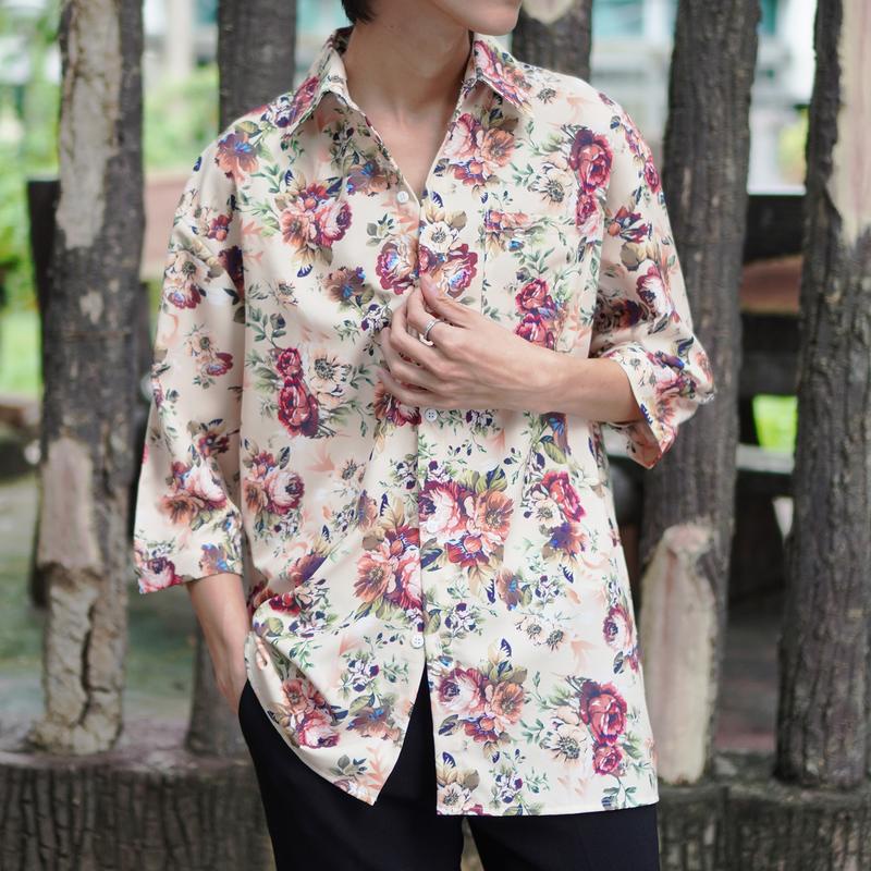 Áo sơ mi nam tay lỡ Hàn Quốc bông hoa hồng vàng SH050