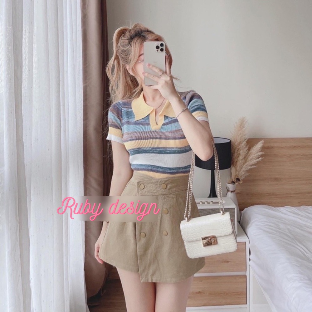 Áo len nữ áo len mongtoghi croptop sọc 7 màu cổ bẻ cao cấp phong cách Hàn quốc trẻ trung năng động cá tính Ruby design