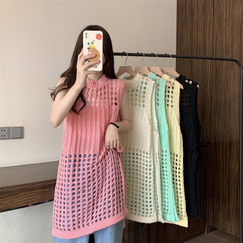 Đầm dệt kim SUXI không tay màu trơn dáng rộng thời trang xuân hè phong cách Hàn Quốc cho nữ