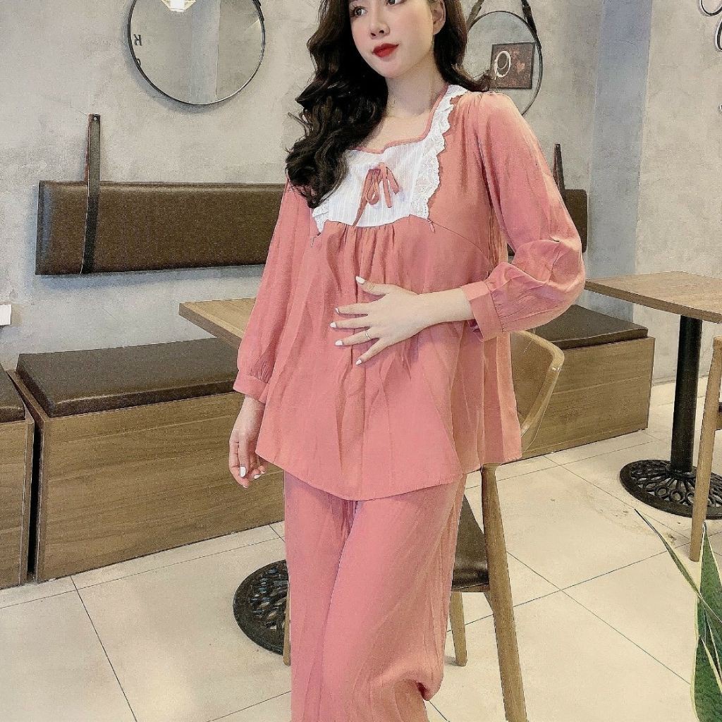 Bộ bầu và sau sinh - Bộ bầu mặc nhà có khóa cho con bú phối ren 1 nơ freesize BB01