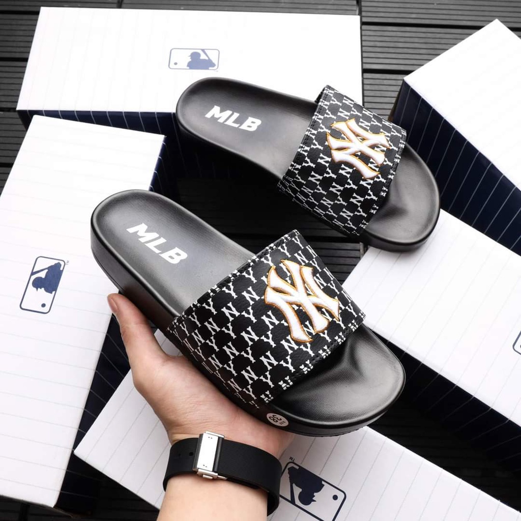 [ Full Box + Bill ] Dép Quai Ngang MLB NY Chữ Thêu Freesize, Dép Lê Nam Nữ Đế Cao Su Non Tăng 3CM Trending 2022