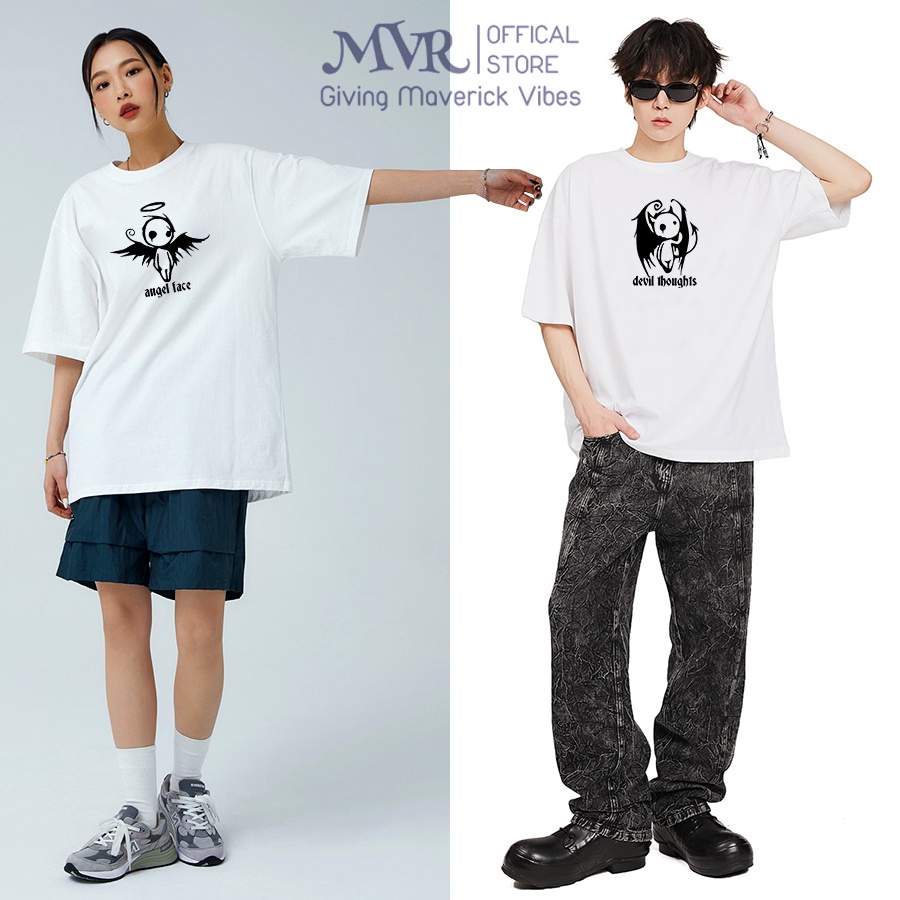 Áo thun unisex nam nữ cặp nhóm tay lỡ form rộng Hàn quốc phông cotton thiên thần và ác quỷ chính hãng MVR TT300603
