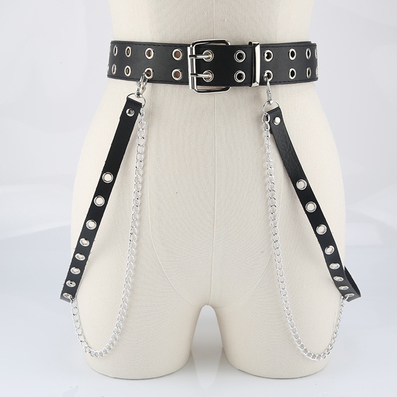 Thắt Lưng Giả Da Phối Dây Xích Kim Loại Phong Cách Gothic JP1 Cá Tính Cho Nữ