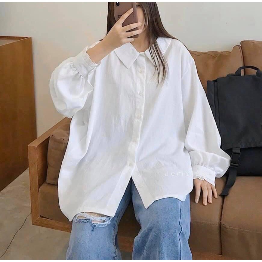 [ XẢ ]Áo sơ mi nữ tay bồng trắng đũi cổ tròn dáng rộng unisex/ Áo sơ mi học sinh oversize thời trang hàn quốc_ranstore