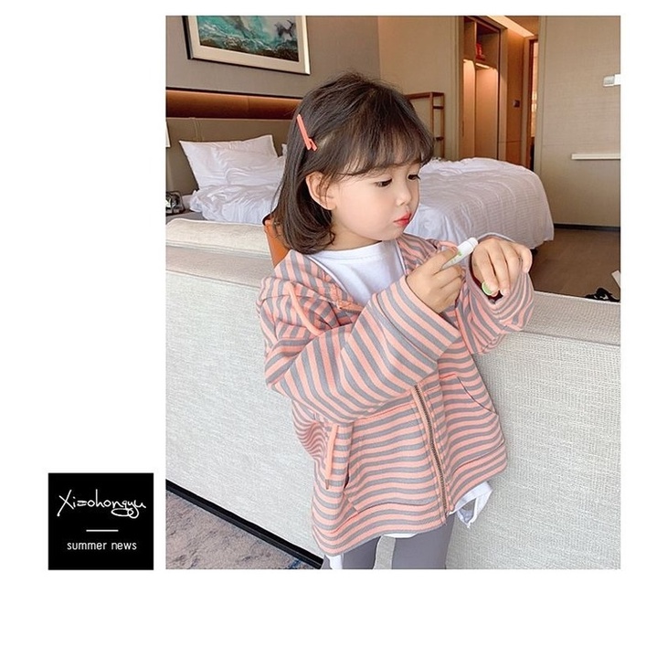 Áo khoác cardigan có mũ trùm đầu họa tiết sọc thời trang xuân thu cho bé gái