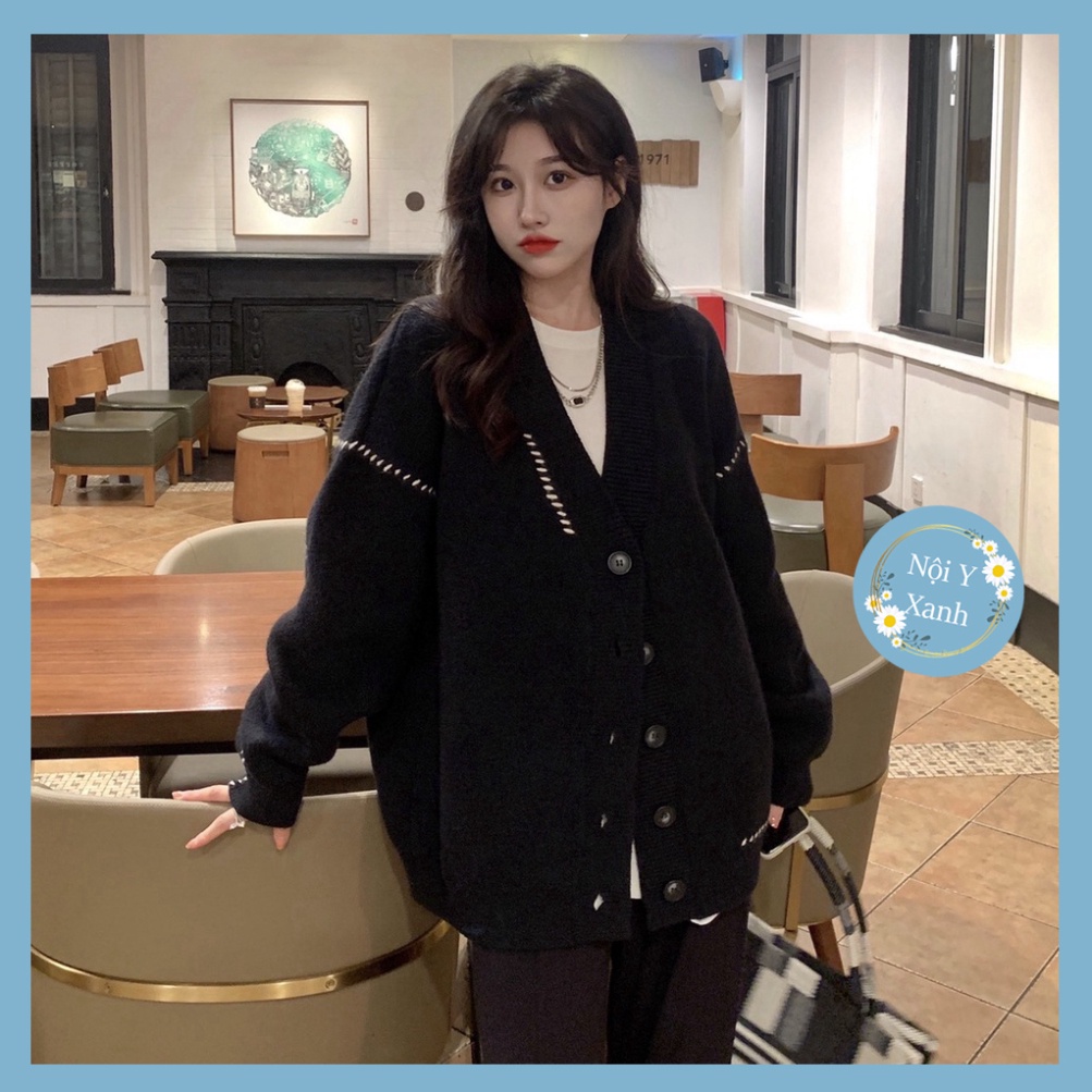áo khoác len cardigan trắng phối viền kẻ sọc đen chất len đẹp QCCC dáng rộng phong thái korea noiyxanh hot trend, ph