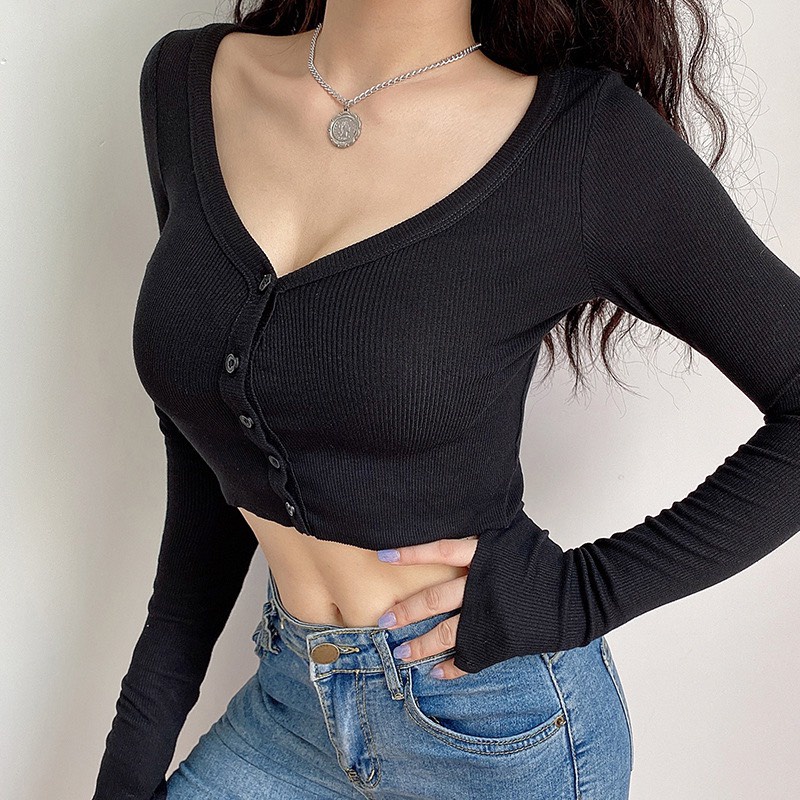 Áo croptop tay dài nút cài 3 màu , áo thun gân ôm body khoe eo co giãn tốt trơn phong cách ulzzang