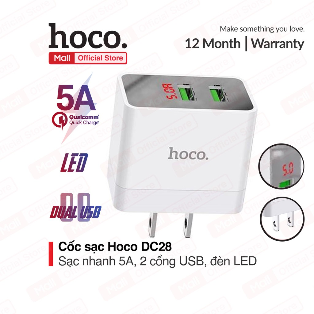 Củ sạc Nhanh Hoco DC28 2USB-5A Bảo Toàn Dòng Điện Tương Thích Tất Cả Các Dòng Điện Thoại