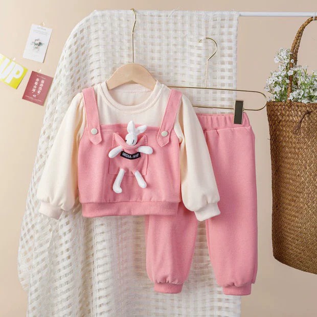 BỘ ÁO YẾM HỒNG THỎ DÀI TAY CHO BÉ