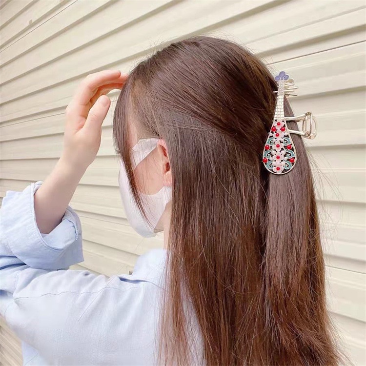 Haimeikang Kẹp tóc cỡ lớn hình đàn ti bà đính đá và ngọc trai giả thời trang cao cấp cho nữ