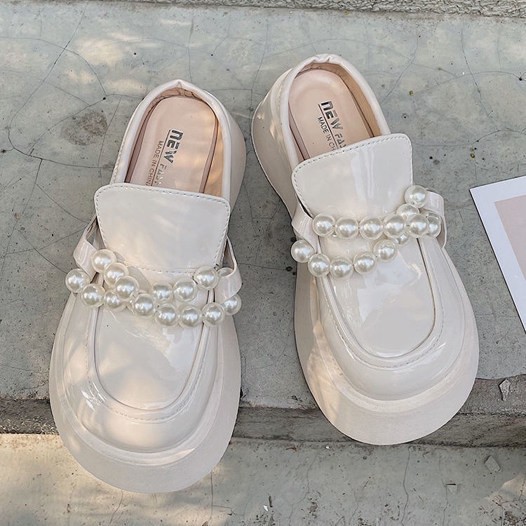 Dép Da Đế Dày Đính Ngọc Trai Phong Cách Anh Quốc Thời Trang Mùa Xuân Cho Nữ