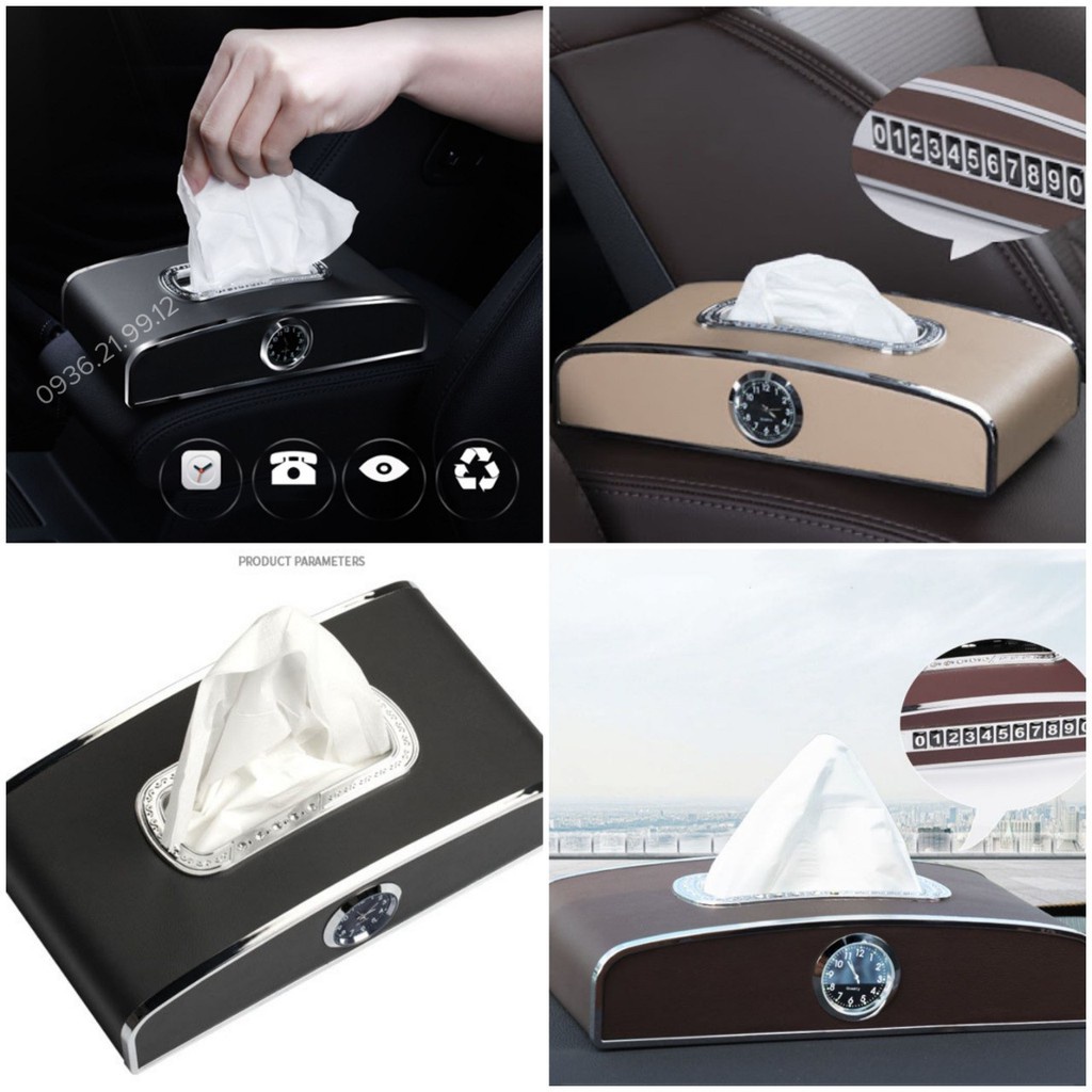 Hộp đựng giấy ăn trên ô tô có đồng hồ và bảng số điện thoại, chất liệu da cao cấp (Tặng kèm miếng dán)