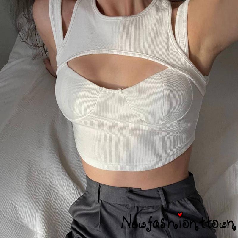 NFashion-Women Casual Crop Tops, Solid Color Hollow Out Slim Fit Sleeveless Patchwork Vest