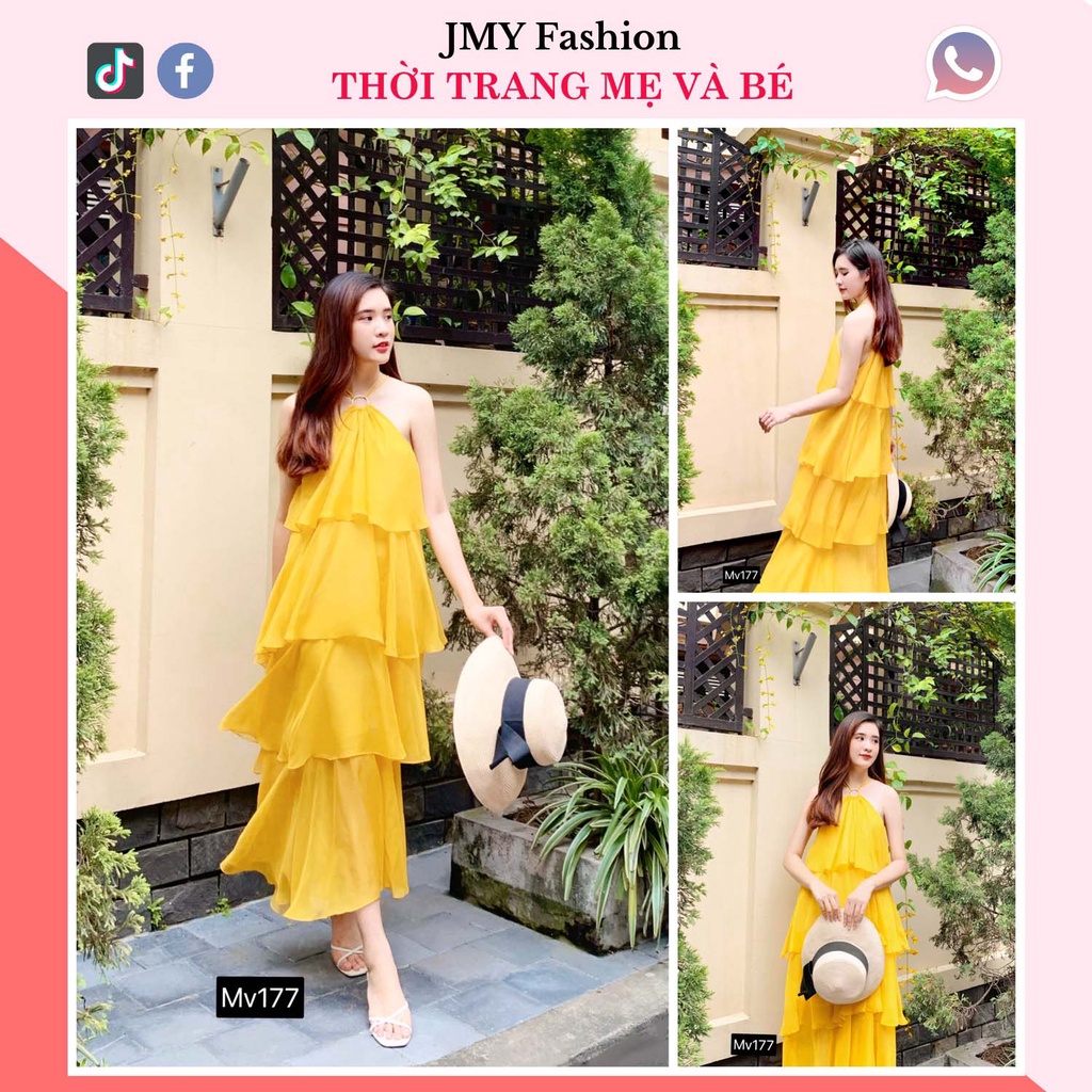 MV177 Váy đầm maxi vàng cổ yếm 4 tầng đi biển siêu xinh -  Modish and Chic
