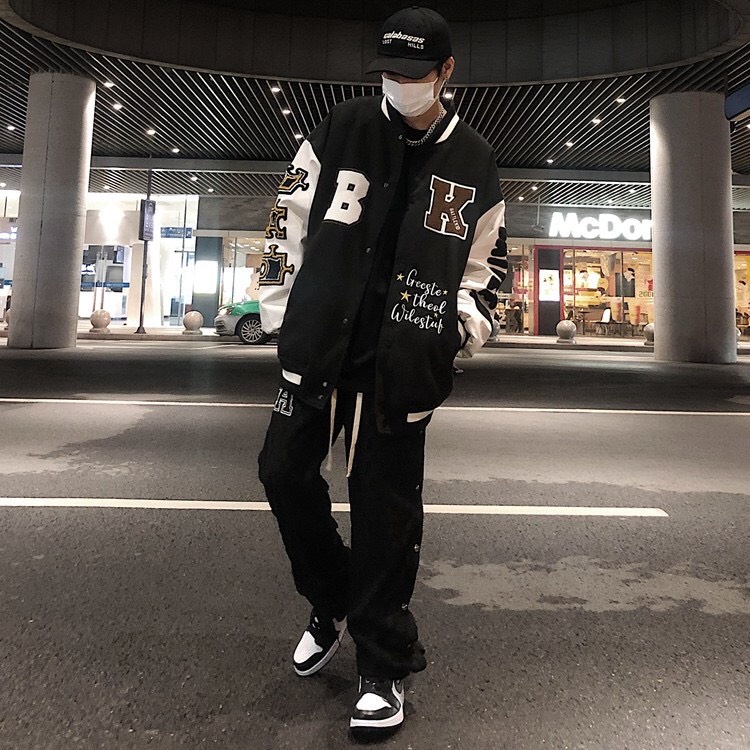 Áo Khoác Bomber Cardigan Họa Tiết In BK Varsity Form Rộng Nam Nữ Unisex Phong Cách Thu Đông Ulzzang